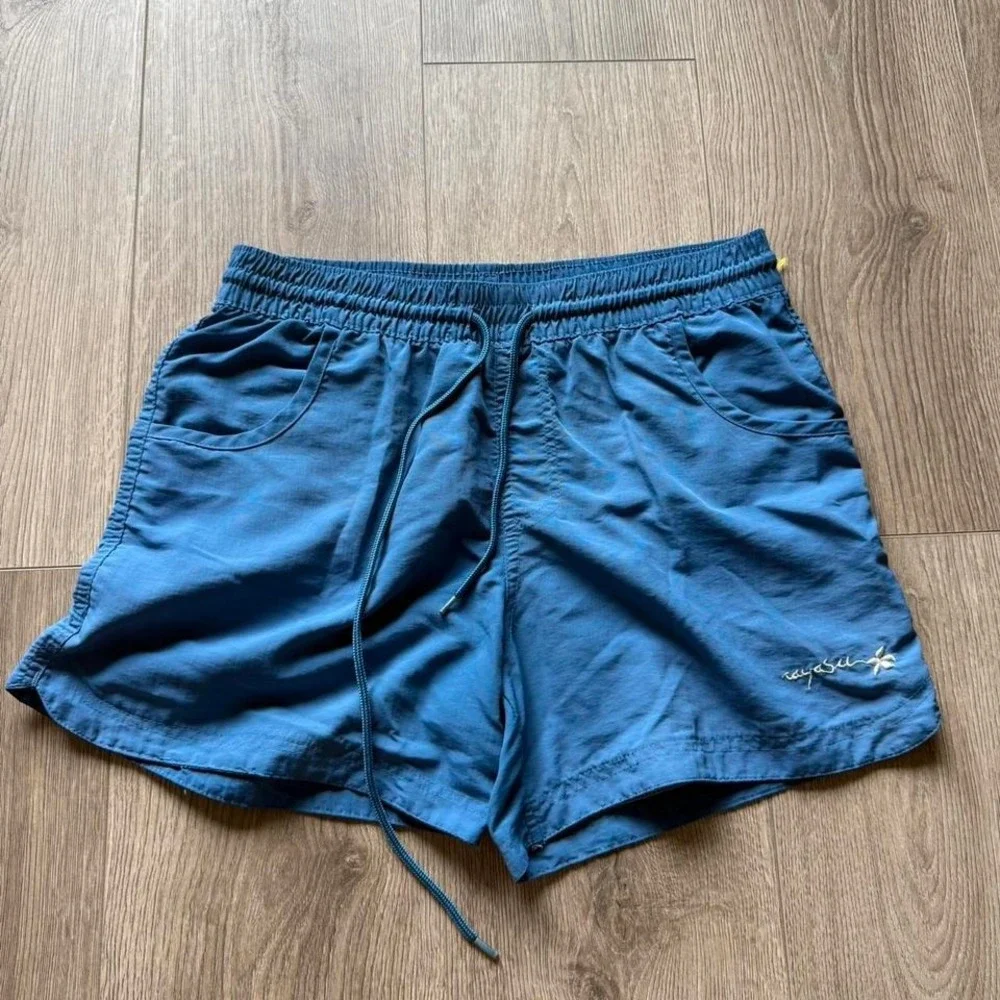Vintage Raya Sun Nylon Beach Shorts Blue Elastic Waist Swim Medium